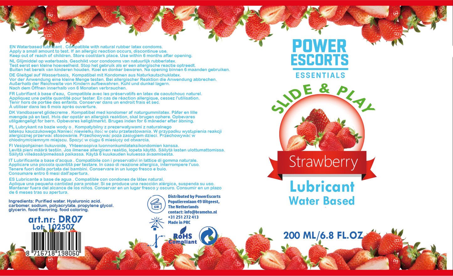 Power Escorts Slide & Play Glijmiddel Aardbeien 200ml – Waterbasis Lube
