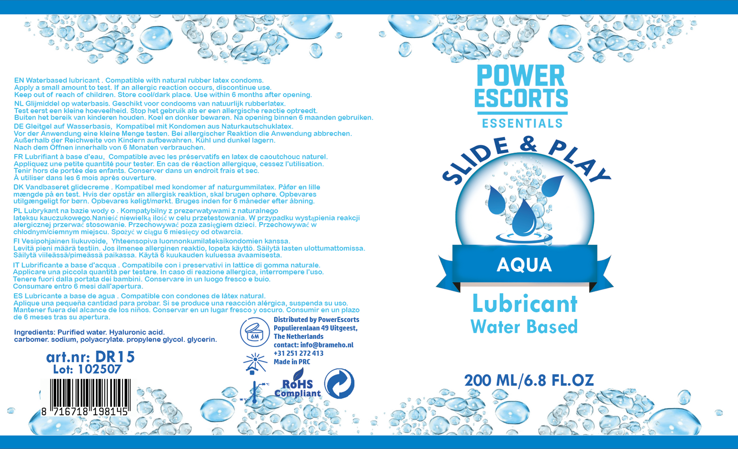 Power Escorts Water-Based Glijmiddel 200ml – Hydraterende & Langdurige Personal Lube