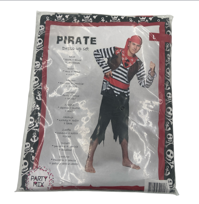 Sexy Piratenkostuum voor Mannen – Zwarte Broek, Gestreepte Blouse & Rode Hoofddoek – Maat M / L / XL
