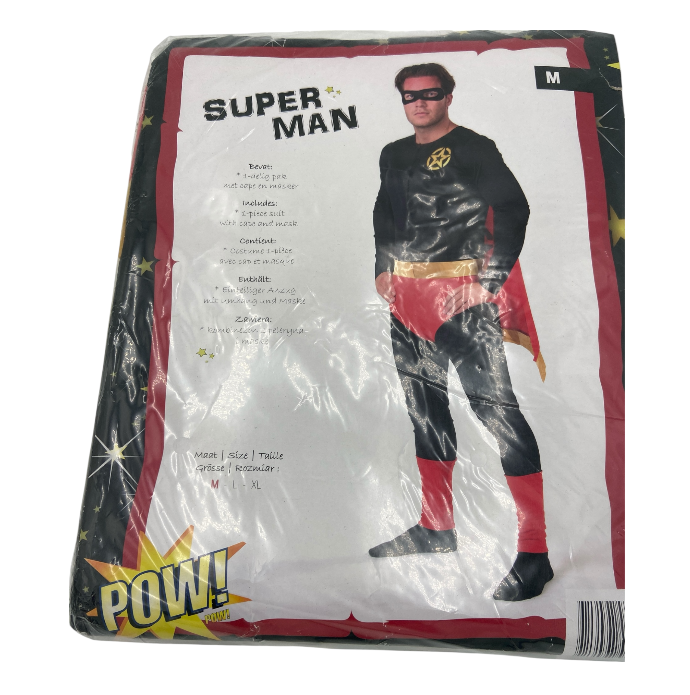 Kinky Superhelden Kostuum – Zwart Pak met Rood/Gele Cape & Masker