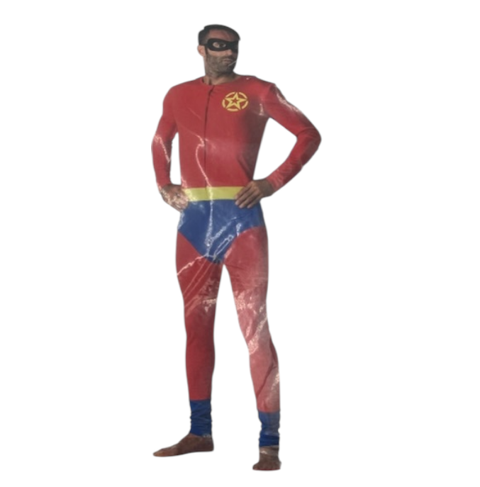 Sexy Superheld Kostuum – Rood-Blauw Pak met Cape & Zwart Masker – Rollenspel Outfit voor Mannen