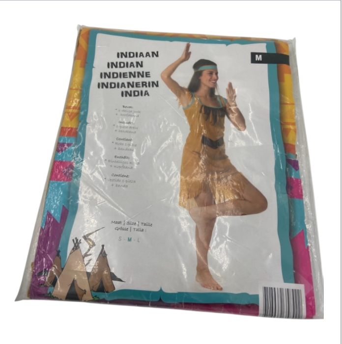 Verleidelijke Indiaanse Verkleedset – Bruine Jurk met Franjes & Blauwe Accenten + Hoofdband – Maat M & L