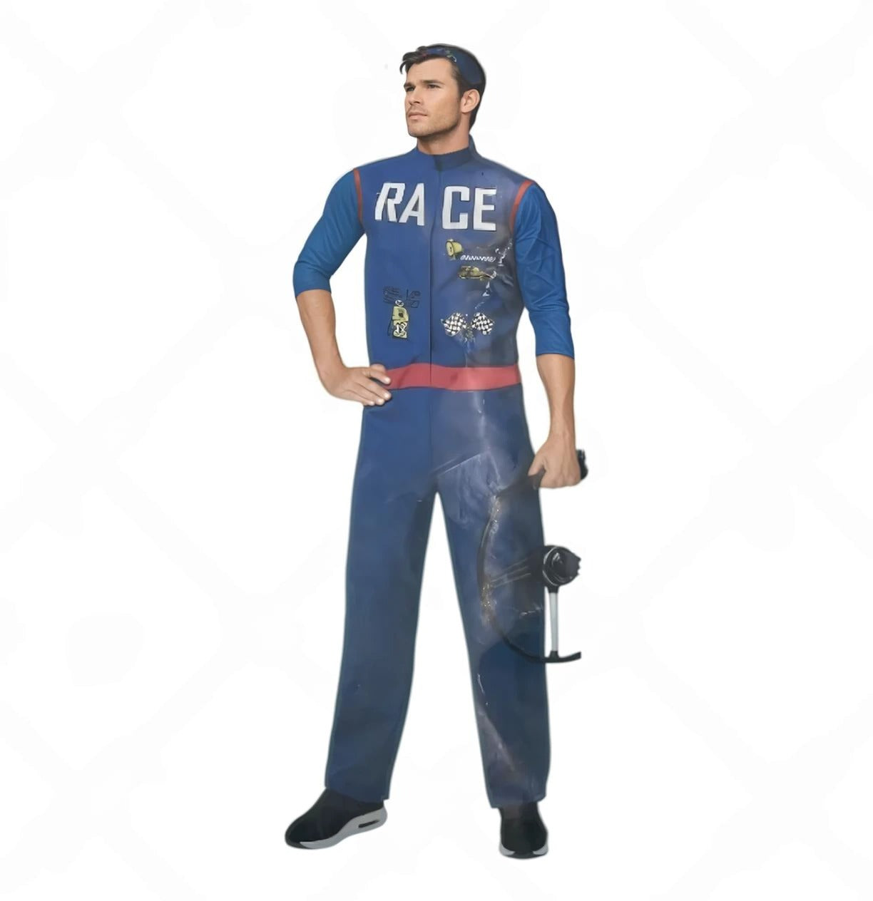 Verleidelijke Blauw Autocoureur Kostuum – Mouwloos Pak met Bijpassende Pet – Rollenspel Outfit - Size M / L/ XL