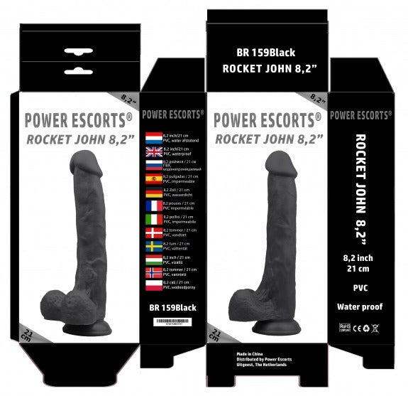 Power Escorts - BR159 - Rocket John 8,2'' - Realistic Dildo - 8,2 Inch / 21 CM - Black