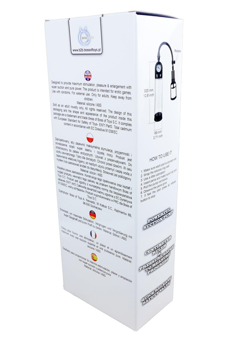 Bossoftoys - 60-00011 - Accu meter Pump - Penispump with hand grip - Vacuum pump with pressure meter - Big size box 32 cm - dia box 6,9 cm - Colour box