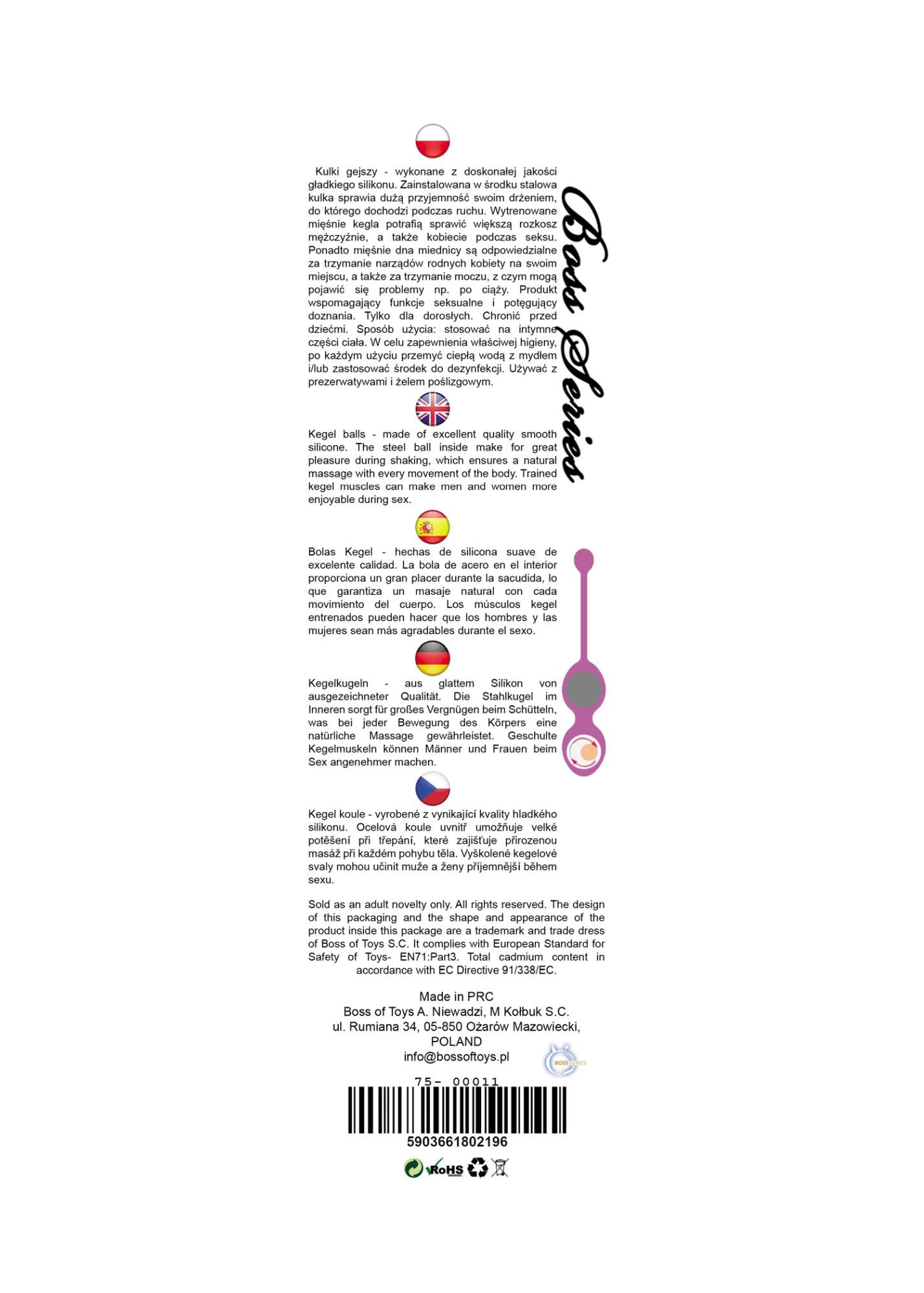 Bossoftoys - 75-00011 - Silicone Kegel Balls - length 16,5 cm - width 32mm - 165g - Pink - strong blister