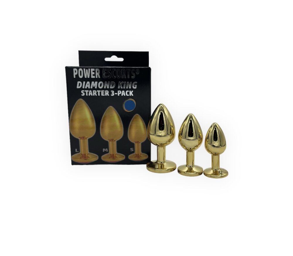 Power Escorts - BR210 - Diamond King Gold Plug Darkblue Stone Starter 3-Pack - S, M & L - Anal plug set - Stylish Colour box