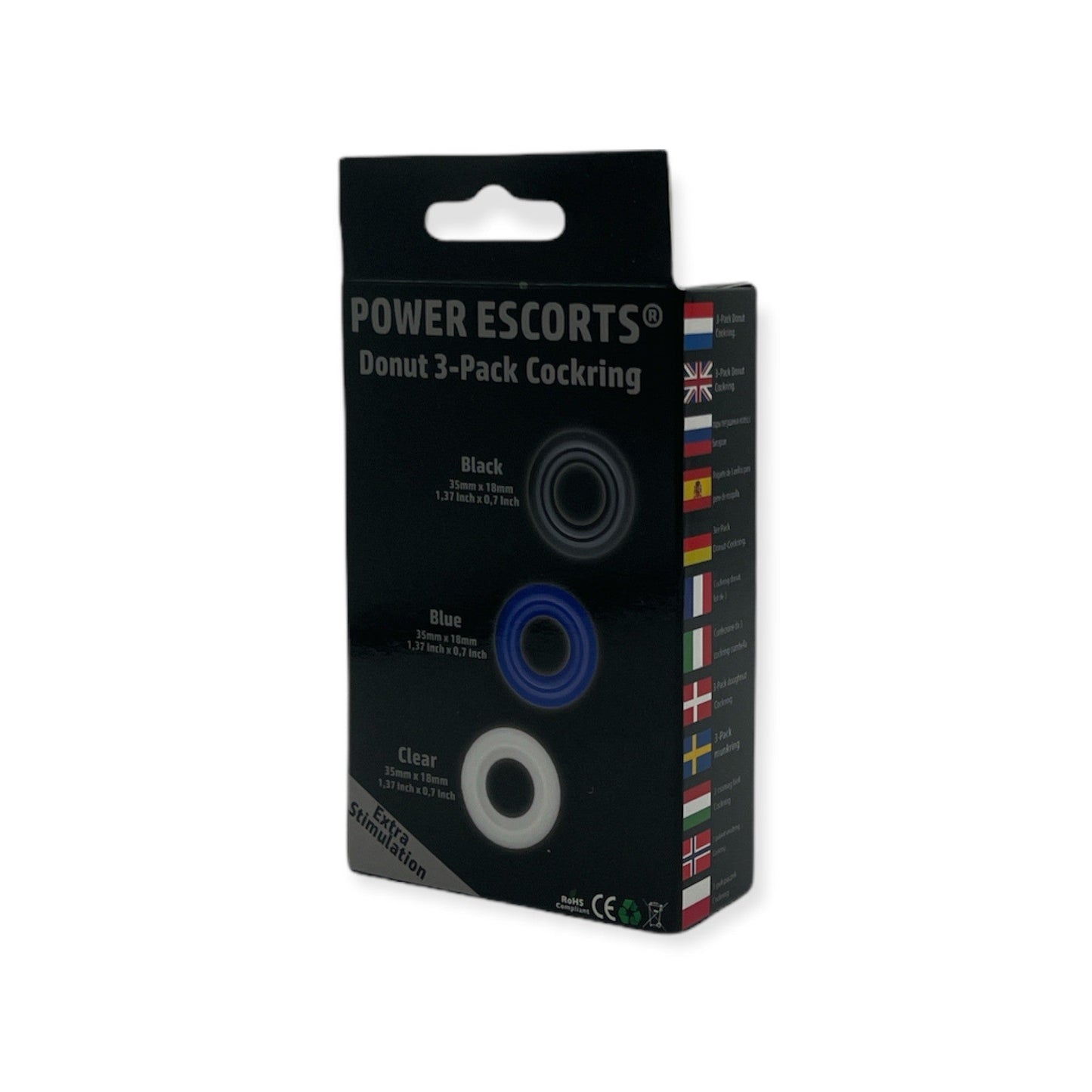 Power Escorts Donut Cockring 3 Pack - Super Stretchable - 3 colors blue /clear /black - attractive colourbox - Br272 - back in stock