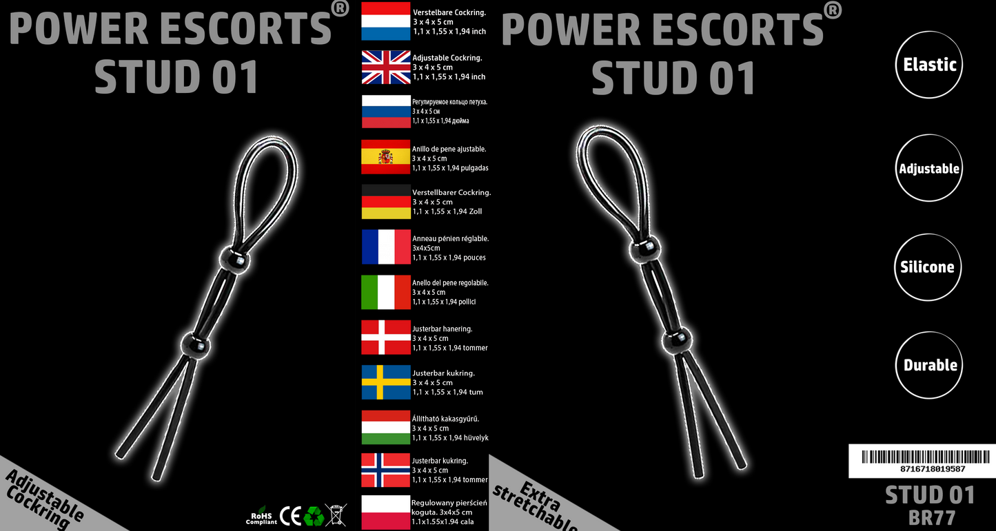 Power Escorts Stud 01 Verstelbare Cockring - BR77 - Zwart
