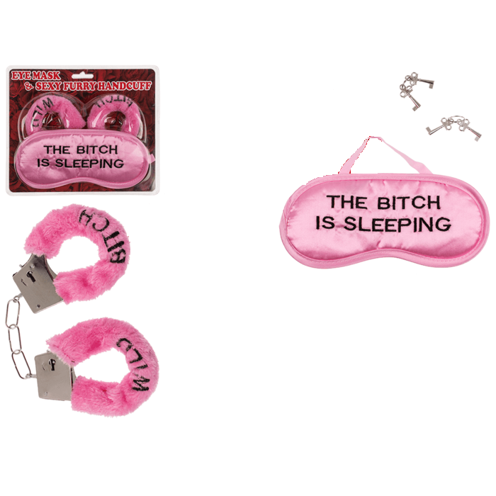 Pluche Handboeien en Oogmasker met "Sex Slave" en "The Bitch is Sleeping