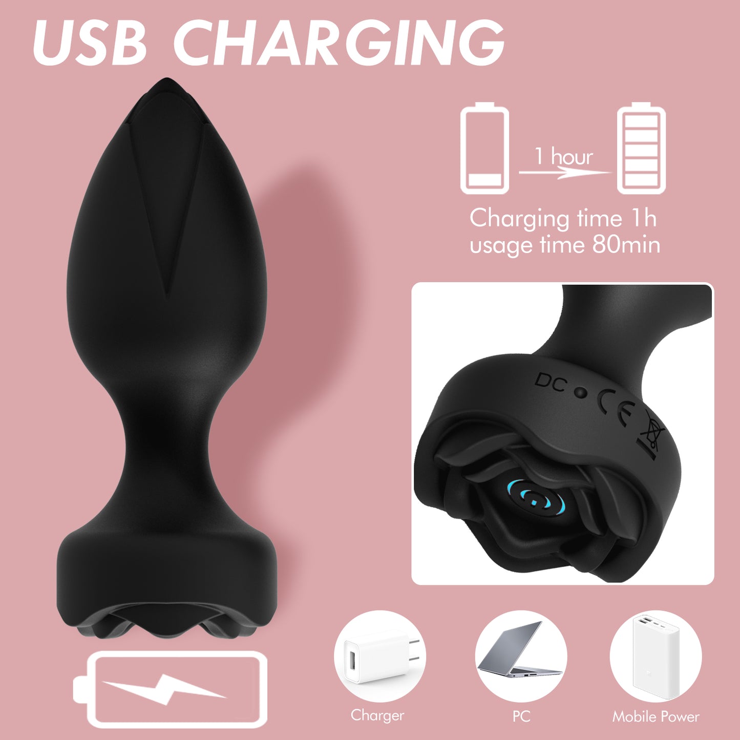 Power Escorts - BR313 - Princess Black Plug -  Remote Rose Design Plug - USB Rechargeable - 10 Functions