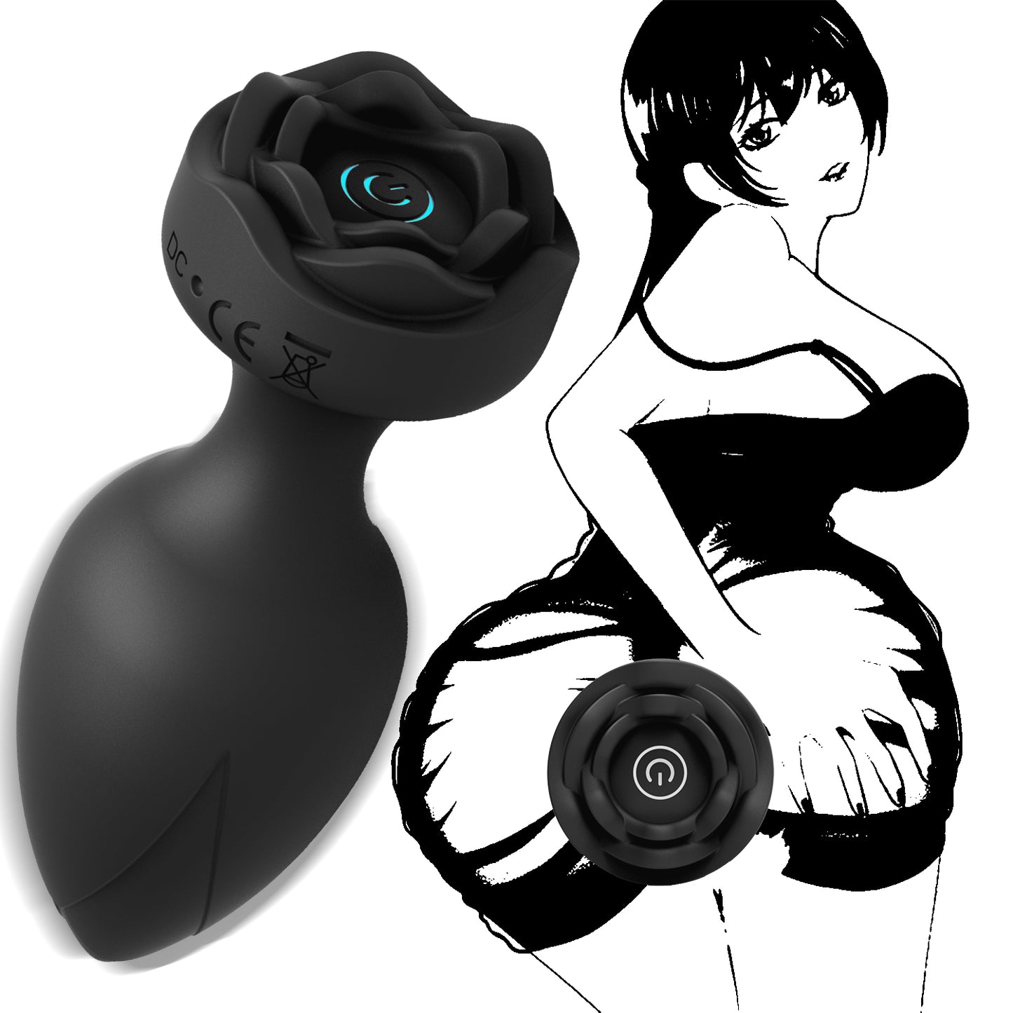 Power Escorts - BR313 - Princess Black Plug -  Remote Rose Design Plug - USB Rechargeable - 10 Functions