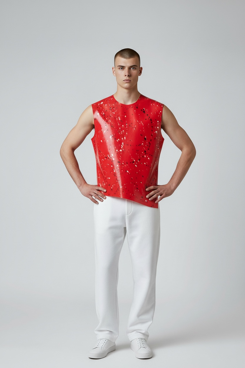 Latex101 Latex Shirt met Fantasy Print – Kinky Rood met Open Mouwen (Maat M)