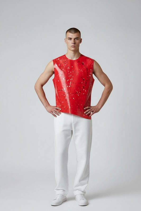 Latex101 Latex Shirt met Fantasy Print – Kinky Rood met Open Mouwen (Maat M)