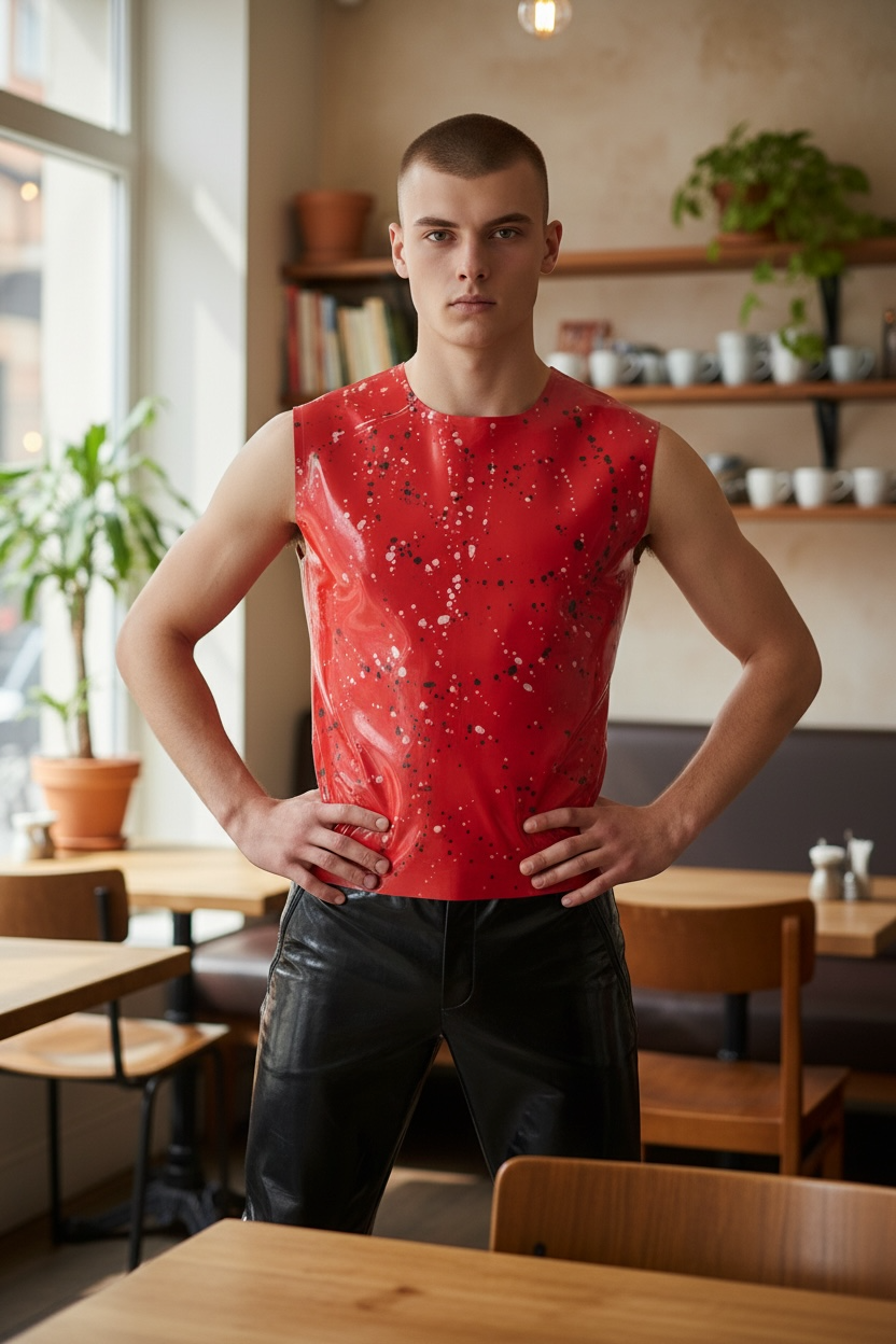 Latex101 Latex Shirt met Fantasy Print – Kinky Rood met Open Mouwen (Maat M)