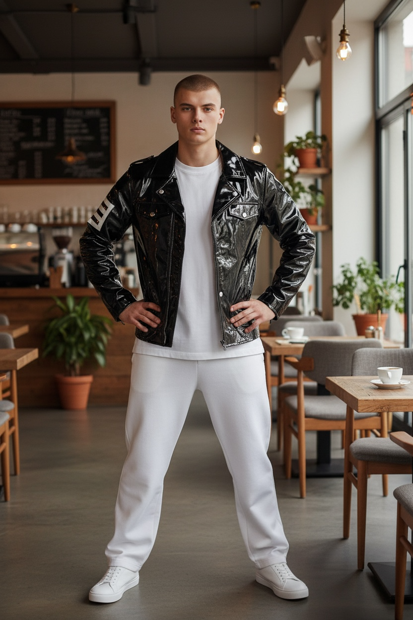 FashionWorld Kinky Glanzende Zwarte Middellange Blazer / Jas met Witte Strepen Logo – Maat S