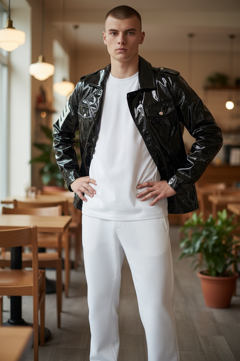 FashionWorld Kinky Glanzende Zwarte Middellange Blazer / Jas met Witte Strepen Logo – Maat S