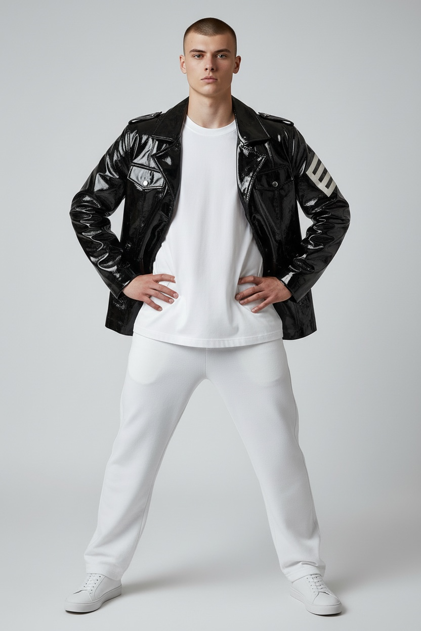 FashionWorld Kinky Glanzende Zwarte Middellange Blazer / Jas met Witte Strepen Logo – Maat S