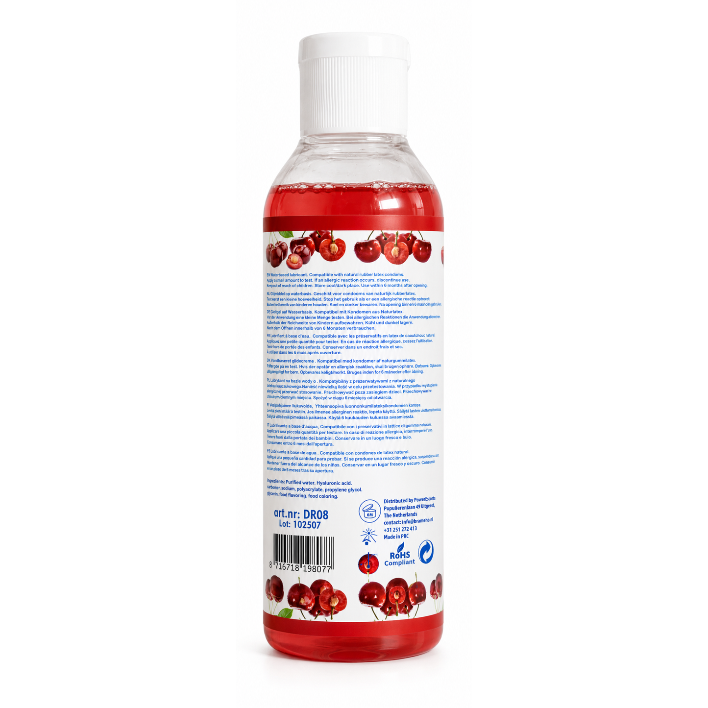 Power Escorts DR08 Cherry Glijmiddel 200 ml – Waterbasis Glijmiddel met Kersensmaak