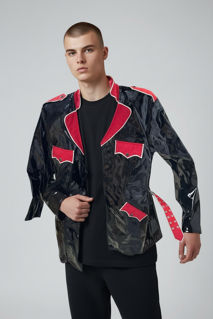 FashionWorld Kinky Glanzende Zwarte Lange Jas met Rode Accenten – Maat XL