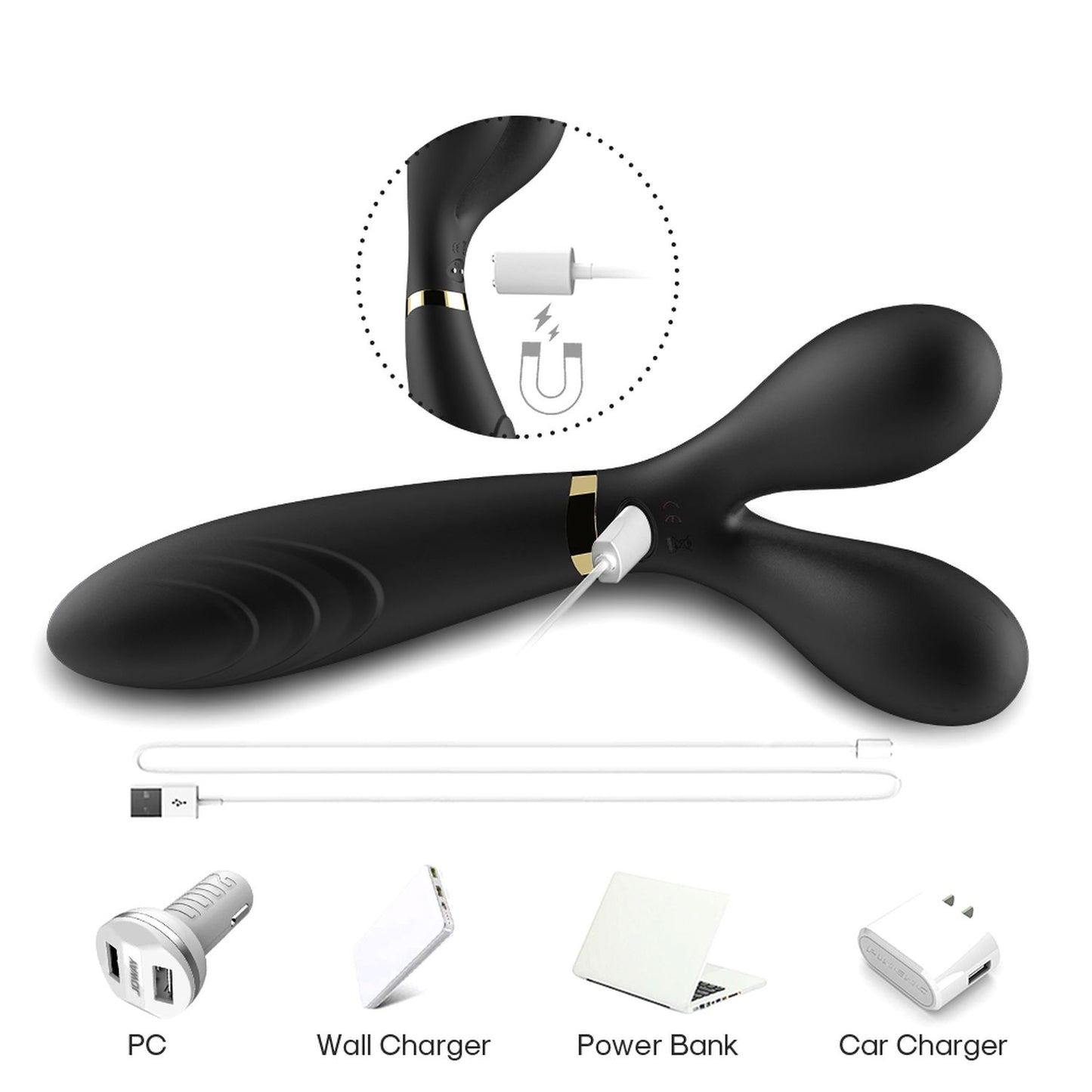 Bossoftoys - Y-Wand Zwarte dual head G spot vibrator - 52-00026- USB rechargeable - 100% waterproof - 9 vibration modes