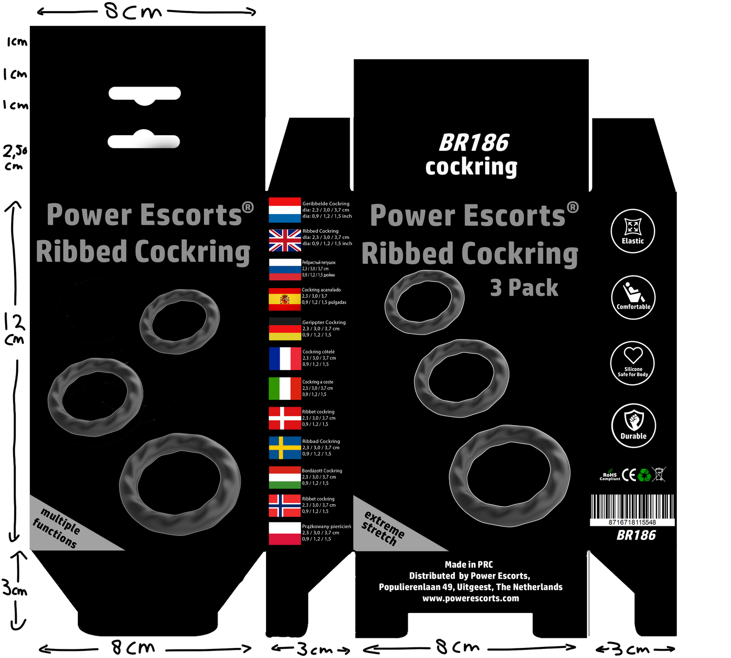 Power Escorts - BR186 - Ribbed Cockring - 3 Pack Cockring Set