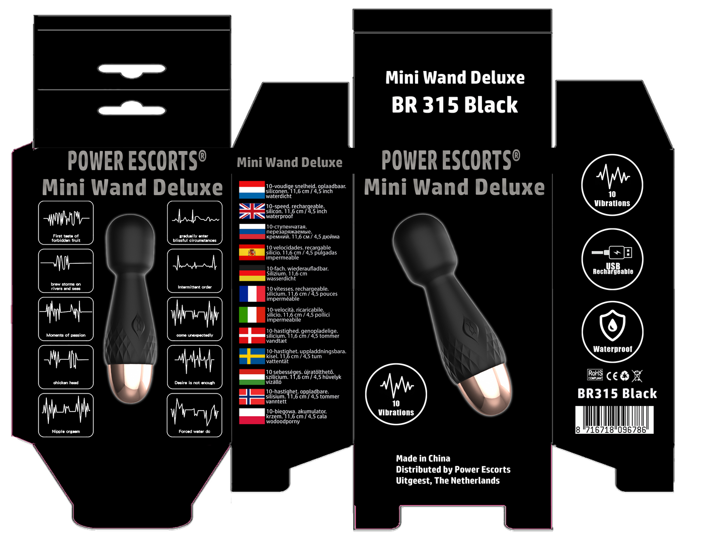 Power Escorts - BR315 - Mini Wand Massager De Luxe Black - 11,6 Cm / 4.5 Inch Silicone