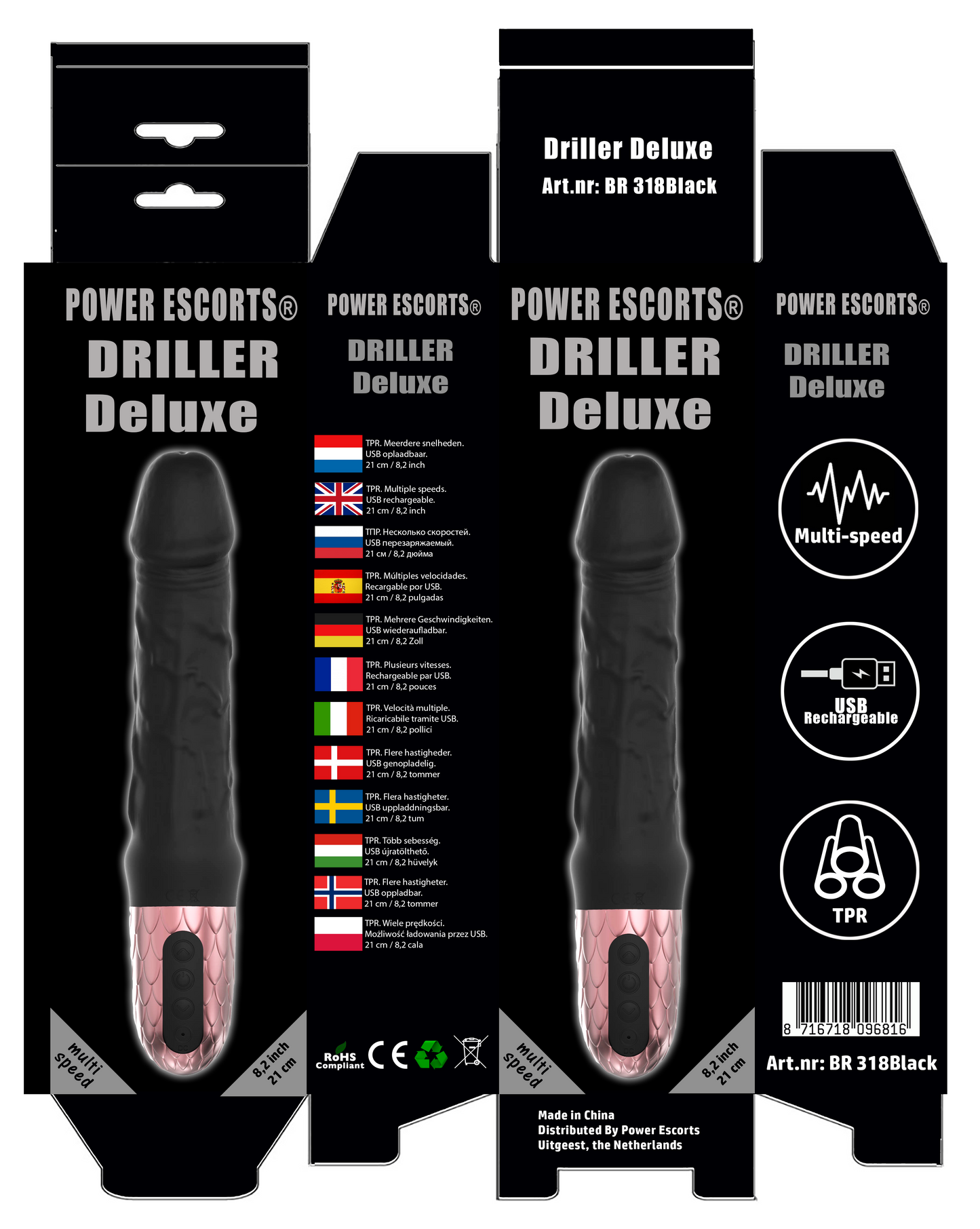 Power Escorts - BR318 - Driller De Luxe Black - 21 Cm / 8.2 Inch Fat Silicone Realistic Vibrator