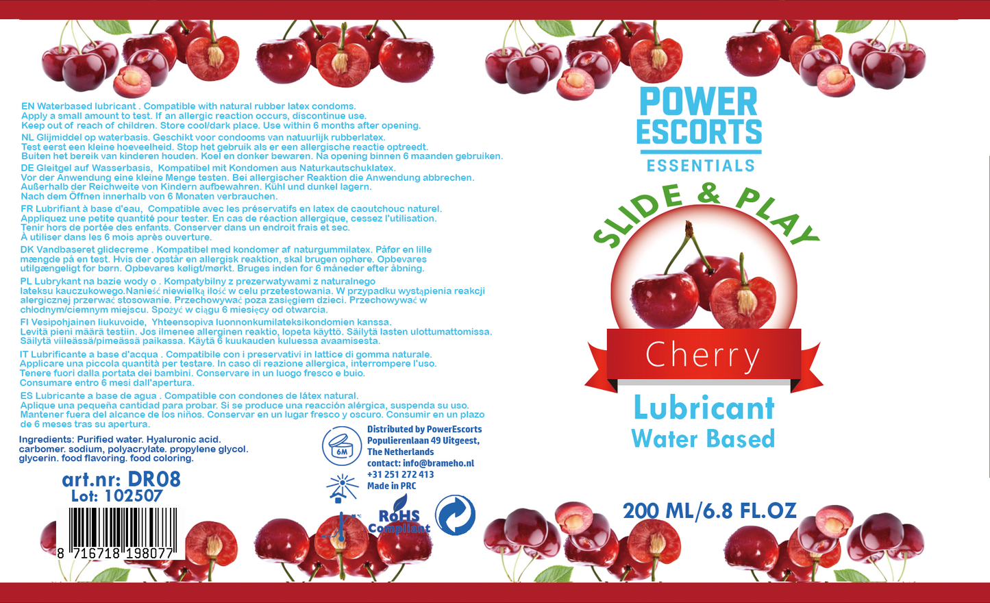 Power Escorts Slide & Play Glijmiddel Cherry 200ml – Waterbasis Lube met Hyaluronzuur