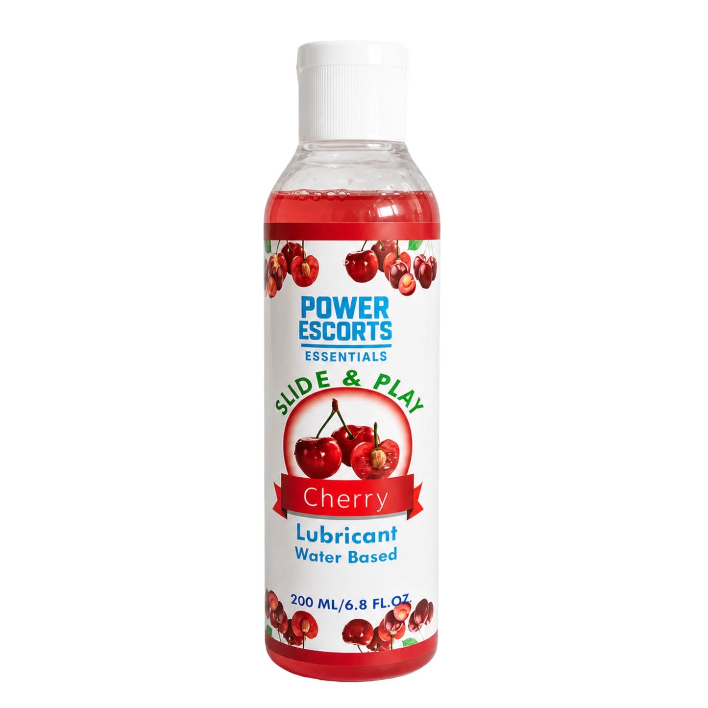 Power Escorts Slide & Play Glijmiddel Cherry 200ml – Waterbasis Lube met Hyaluronzuur