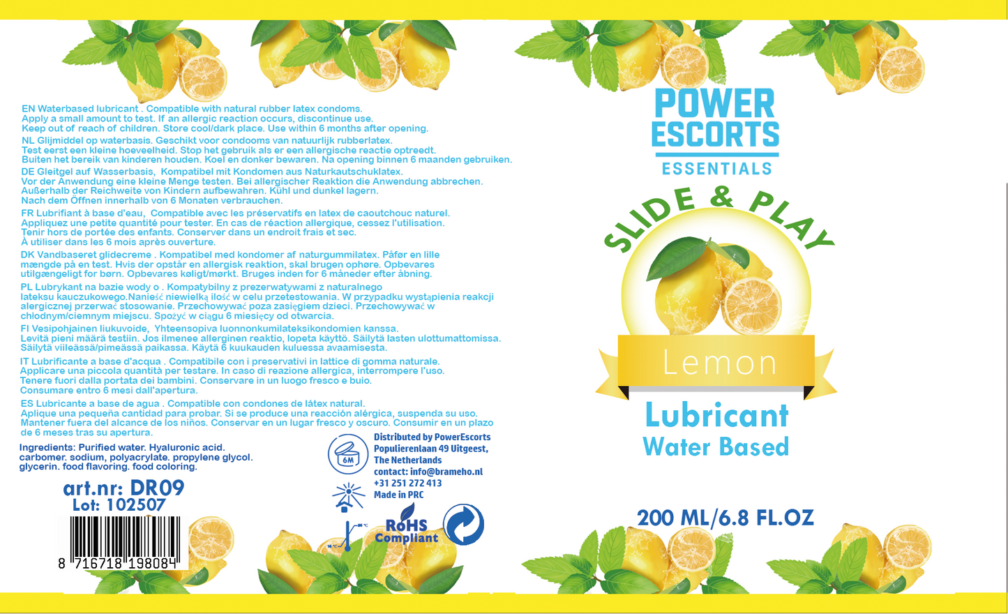 Power Escorts Water-Based Glijmiddel Lemon 200ml – Hydraterende & Langdurige Personal Lube