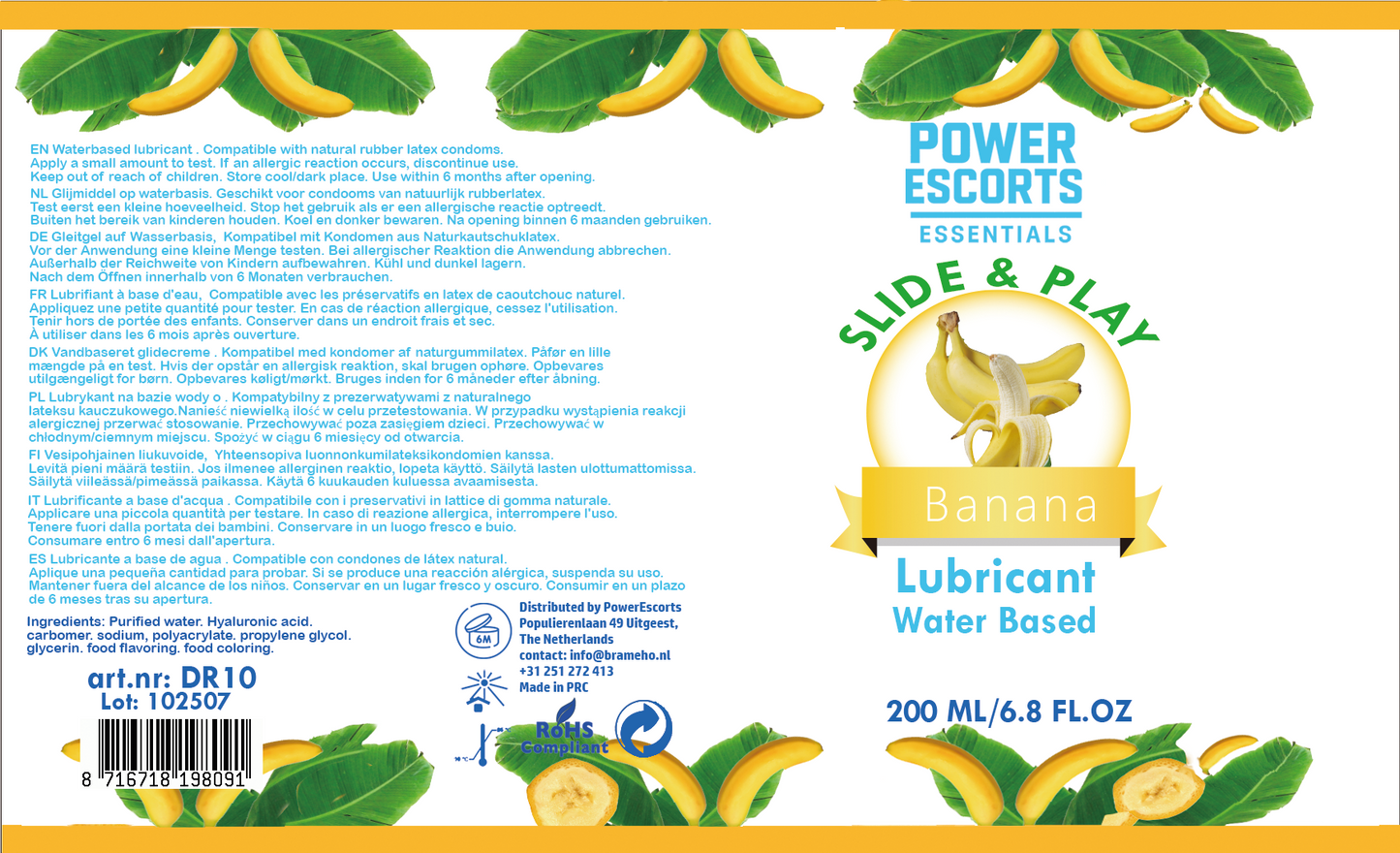 Power Escorts Water-Based Glijmiddel Banaan 200ml – Hydraterende & Langdurige Personal Lube