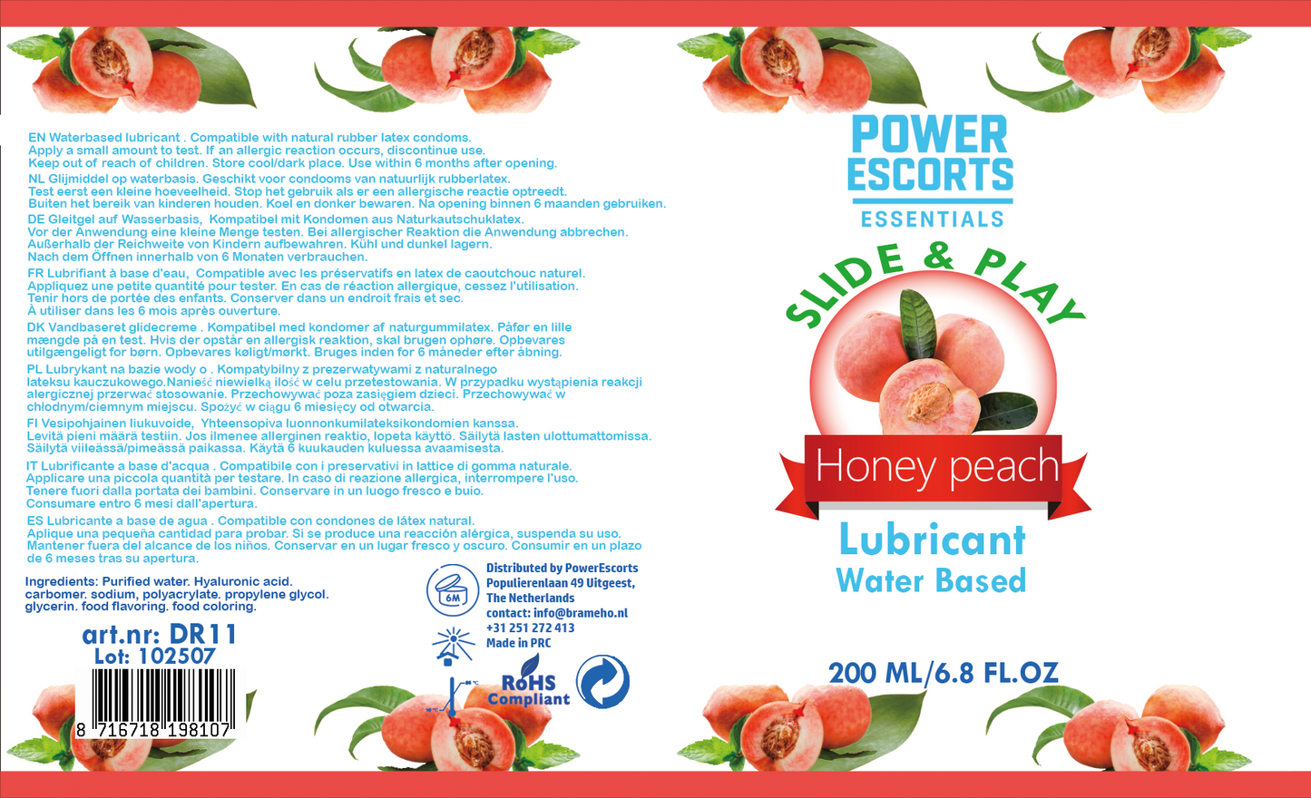 Power Escorts Water-Based Glijmiddel Honey Peach 200ml – Hydraterende & Langdurige Personal Lube