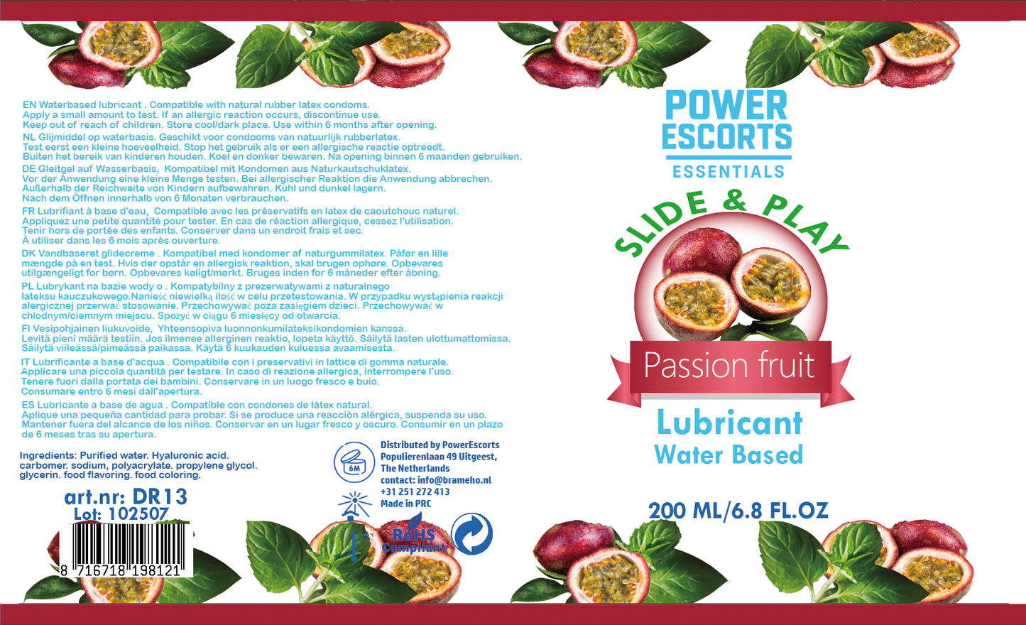 Power Escorts Water-Based Glijmiddel Passie Vrucht 200ml – Hydraterende & Langdurige Personal Lube