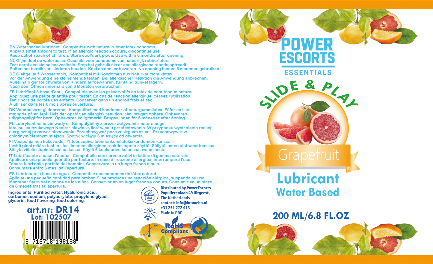 Power Escorts Water-Based Glijmiddel Grapefruit 200ml – Hydraterende & Langdurige Personal Lube