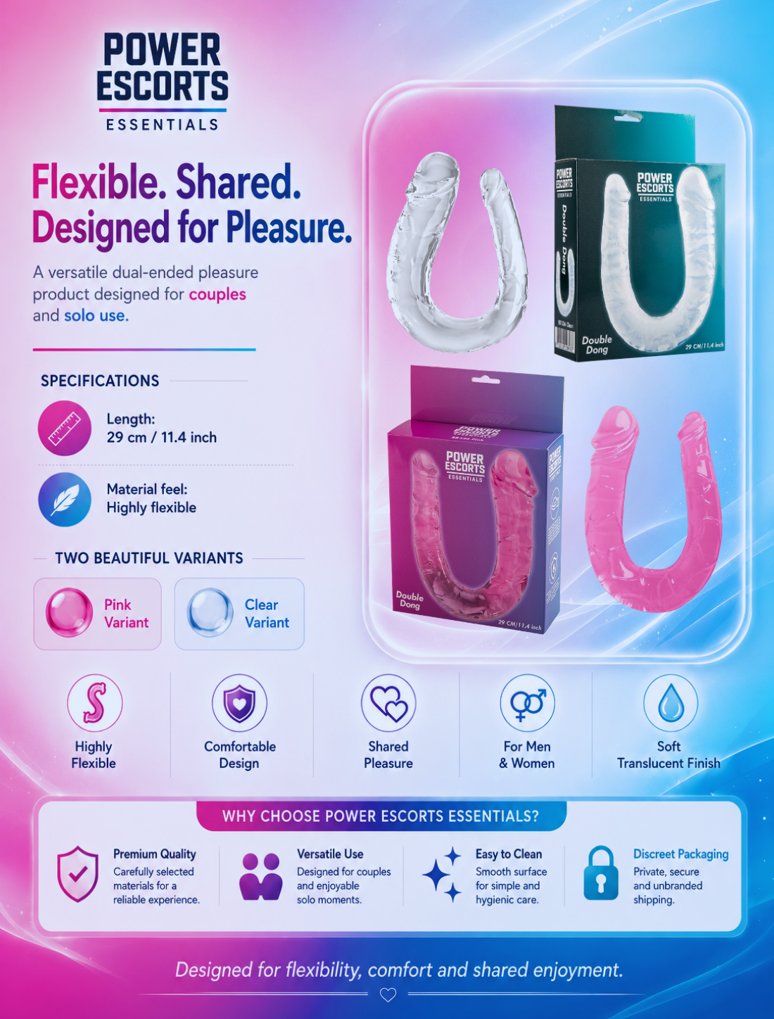 Power Escorts BR335 – Double Dong Pink – Dubbele Dildo – 29 cm – Flexibel