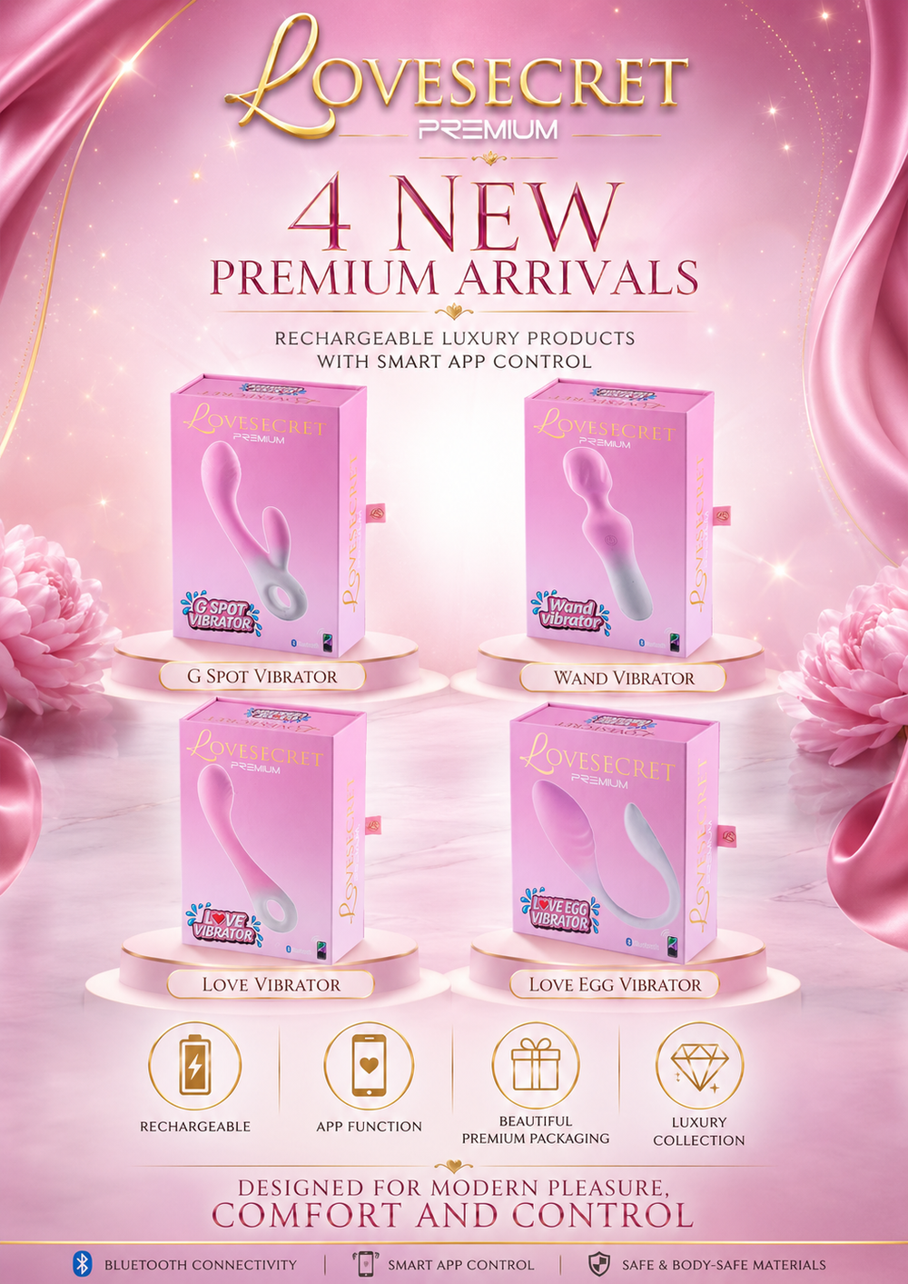 LoveSecret Premium - Saving Pack met 4 App-Gestuurde Vibrators – Oplaadbaar – Roze