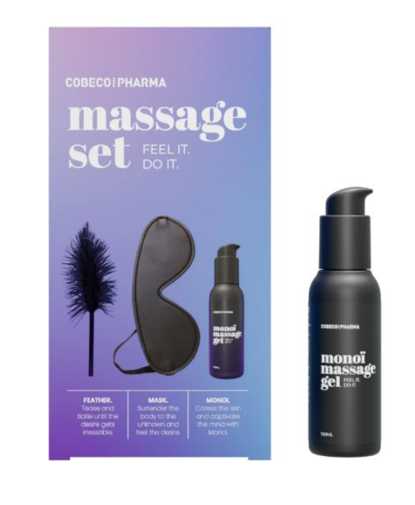 Cobeco Pharma - Massage Set – Monoi Massage Gel + Feather + Mask – 3-Piece Sensual Kit