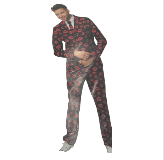 Kinky Zwart Kostuum met Rode Lipjesprint – Blazer, Broek & Stropdas