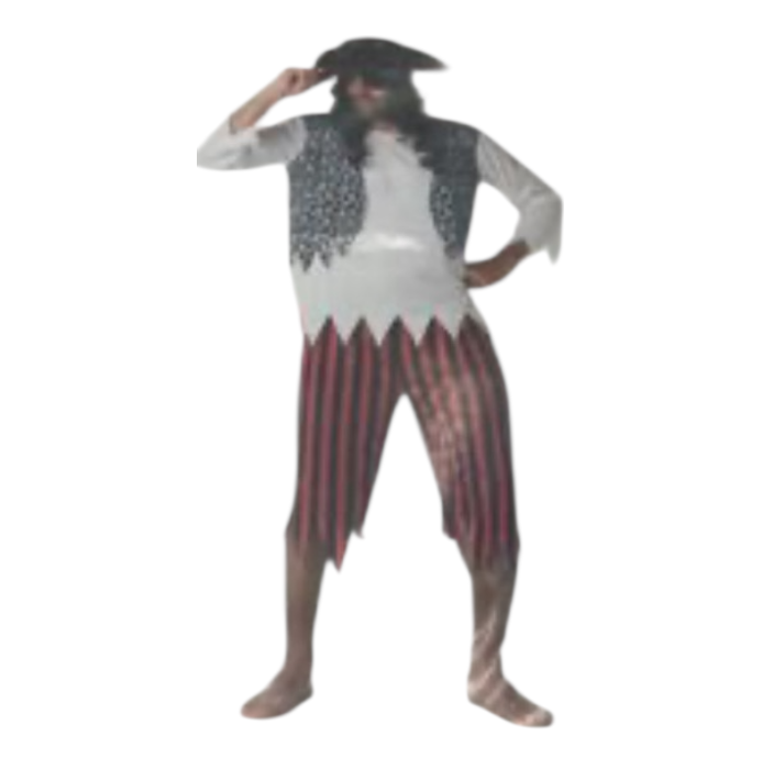 Kinky Piraat Kostuum – Gestreepte Broek, Gerafelde Blouse, Doodskop Gilet & Hoofddoek