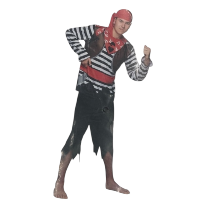 Sexy Piratenkostuum voor Mannen – Zwarte Broek, Gestreepte Blouse & Rode Hoofddoek – Maat M / L / XL