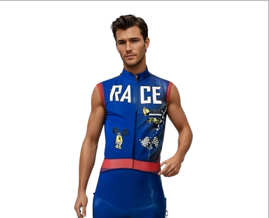 Verleidelijke Blauw Autocoureur Kostuum – Mouwloos Pak met Bijpassende Pet – Rollenspel Outfit  - Size M / L/ XL