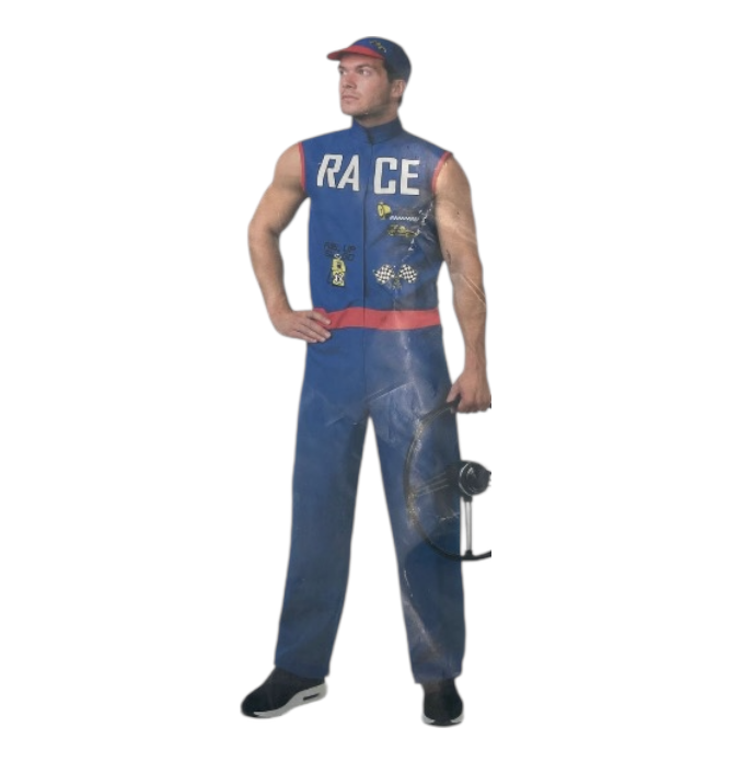 Verleidelijke Blauw Autocoureur Kostuum – Mouwloos Pak met Bijpassende Pet – Rollenspel Outfit  - Size M / L/ XL