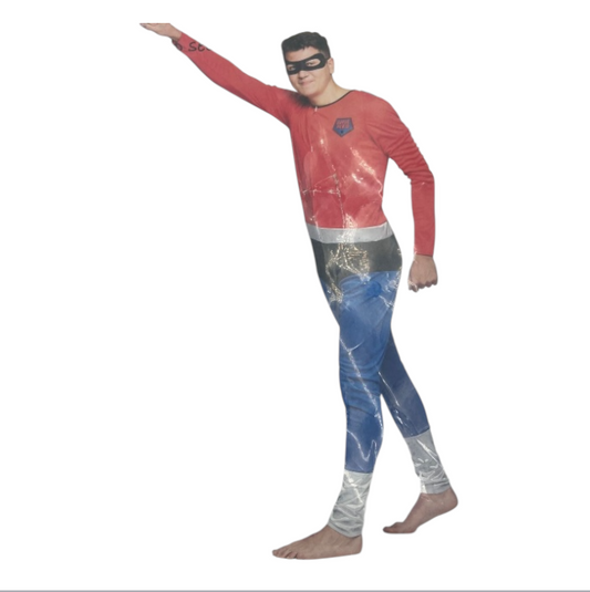 Kinky Superhero Kostuum – Super Held - Strak Blauw/Rood Pak met Zwarte Cape & Masker – M / L / XL