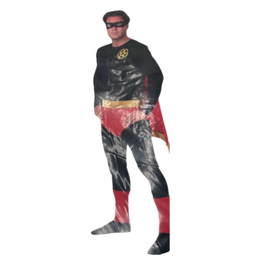 Kinky Superhelden Kostuum – Zwart Pak met Rood/Gele Cape & Masker