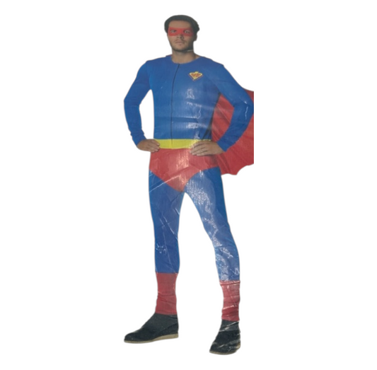Kinky Superheld Kostuum – Blauw Pak met Rode Cape & Masker