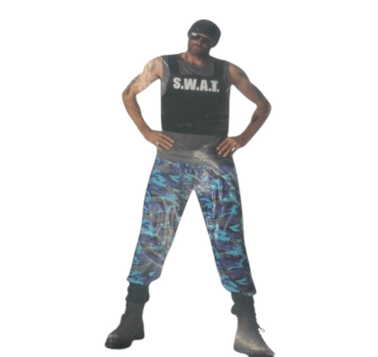 Kinky SWAT Verkleedset – Camo Broek & Zwarte Top met S.W.A.T.-opdruk Size L