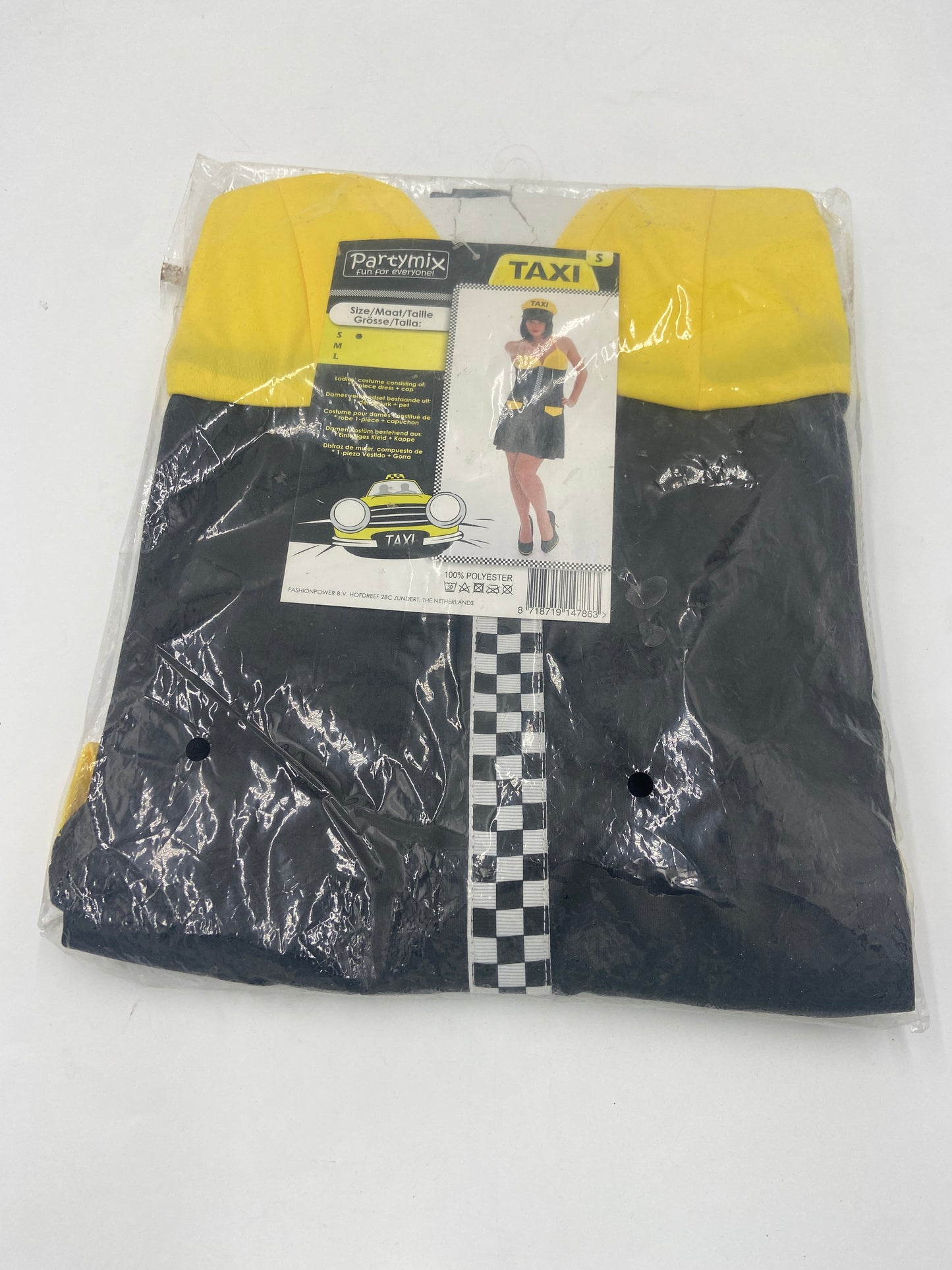 Kinky Taxi Chauffeur Kostuum – Sexy Zwart/Geel Jurkje met Bijpassende Pet – S / M / L