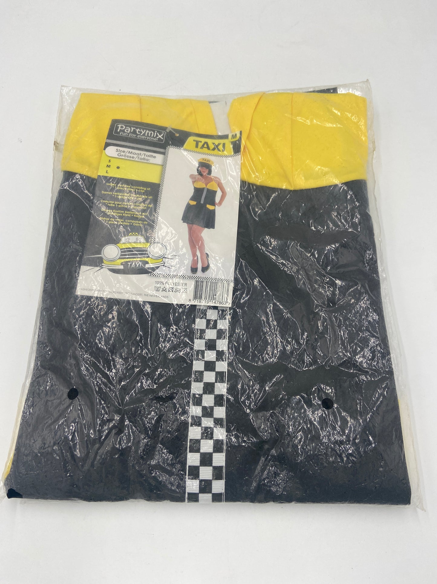 Kinky Taxi Chauffeur Kostuum – Sexy Zwart/Geel Jurkje met Bijpassende Pet – S / M / L