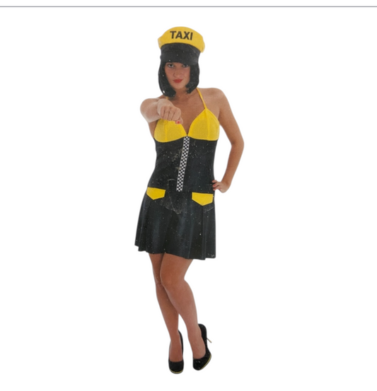 Kinky Taxi Chauffeur Kostuum – Sexy Zwart/Geel Jurkje met Bijpassende Pet – S / M / L